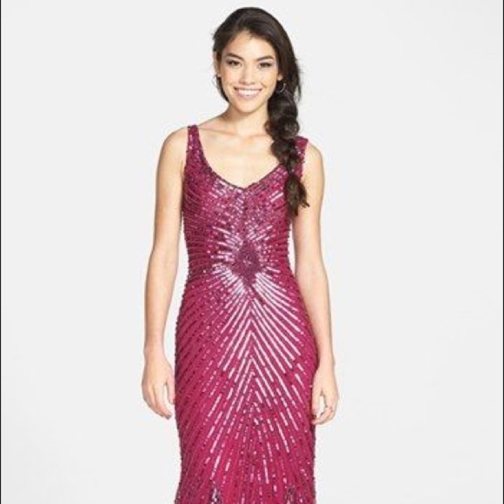 Aidan Mattox V-Back Mesh Magenta Sequin Dress prom